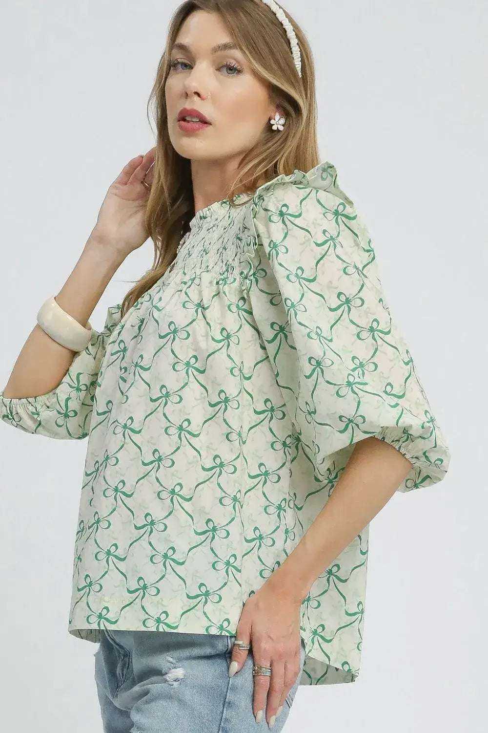 Ruffled Bow Print Blouse