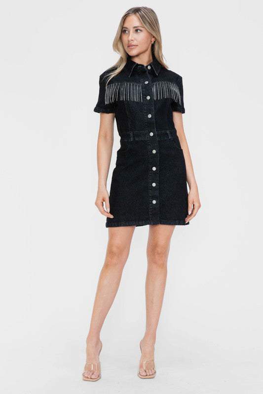 The Nashville Noir DressA little bit country, a little bit rock ‘n’ roll—the Nashville Noir Dress is where western edge meets modern glam. This sleek black denim shirt dress features a tailMini DressesNashville Noir Dress