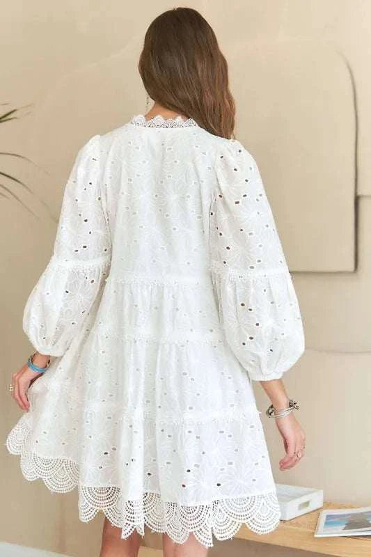 Lace Detail Tiered Eyelet V-Neck Babydoll DressA Lace Detail Tiered Eyelet V-Neck Babydoll Dress is a charming and elegant piece for your wardrobe. The V-neckline and babydoll silhouette offer a flattering and feMini DressesLace Detail Tiered