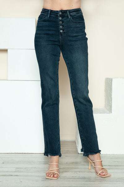 Judy Blue Button Fly Frayed Hem Straight JeansThe button fly hem destroys straight jeans and combines a classic silhouette with a modern flair. Featuring a stylish button fly closure, these jeans offer a unique Straight Leg JeansJudy Blue Button Fly