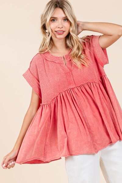 Mineral Wash Cotton Babydoll Short Sleeve BlouseThis relaxed fit tunic top is crafted from a unique 100% cotton waffle knit fabric with a mineral wash finish for a laid-back and stylish look. Featuring a flatterinShort Sleeve BlousesMineral Wash Cotton