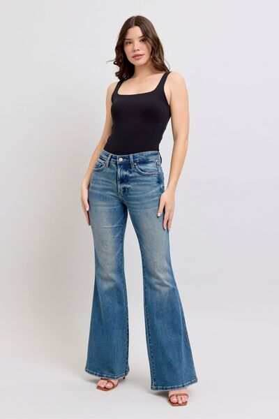 Judy Blue Flared Tummy Control Vintage Wash Flare JeansThese flared tummy control vintage wash jeans offer both style and functionality. The tummy control feature helps create a flattering and slimming silhouette. The viFlare JeansJudy Blue Flared Tummy Control