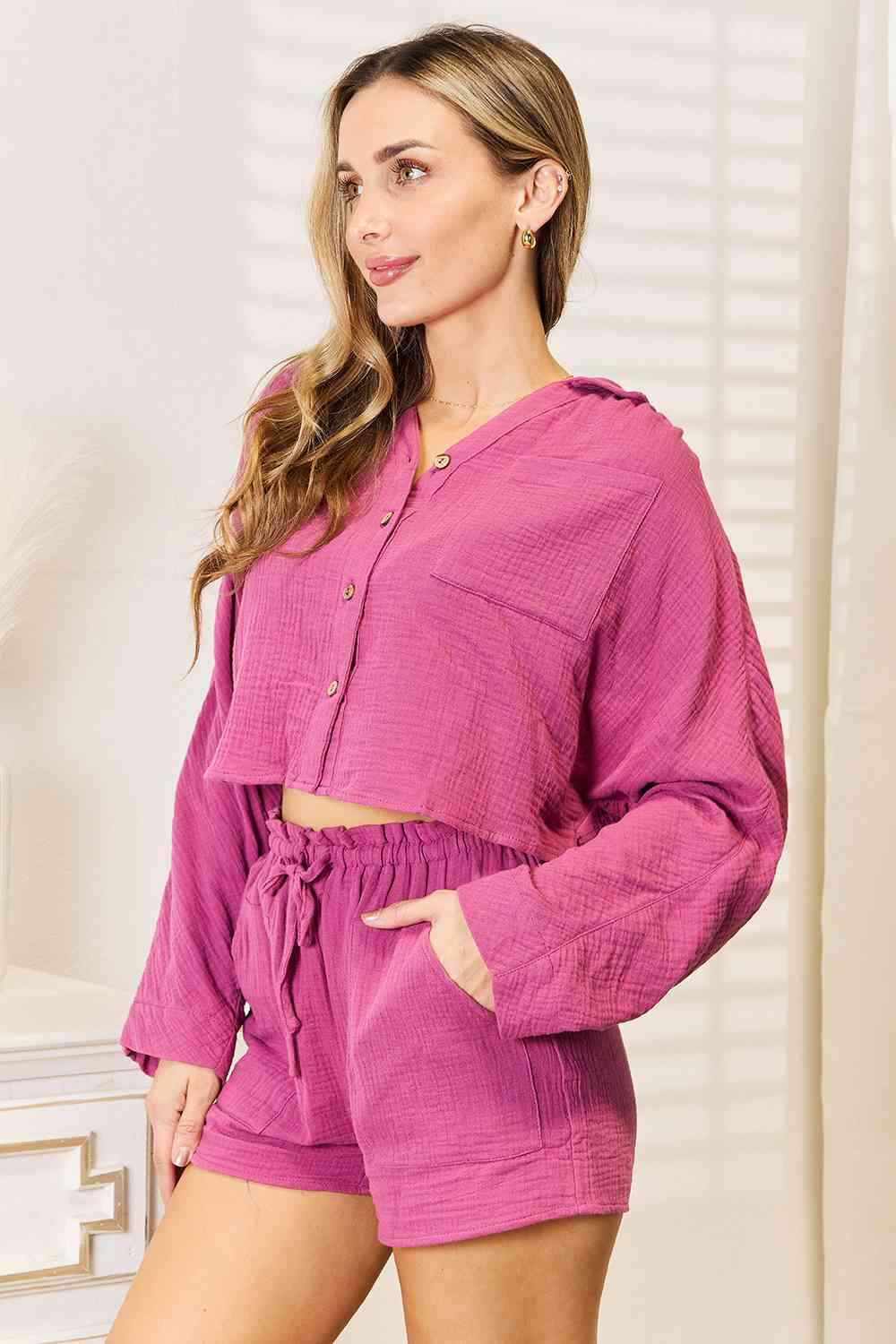 Buttoned Long Sleeve Top and Shorts SetComplete your summer wardrobe with this stylish buttoned long-sleeve top and shorts set. The top features a button front and long sleeves, while the shorts are craftTwo Piece SetsButtoned Long Sleeve Top