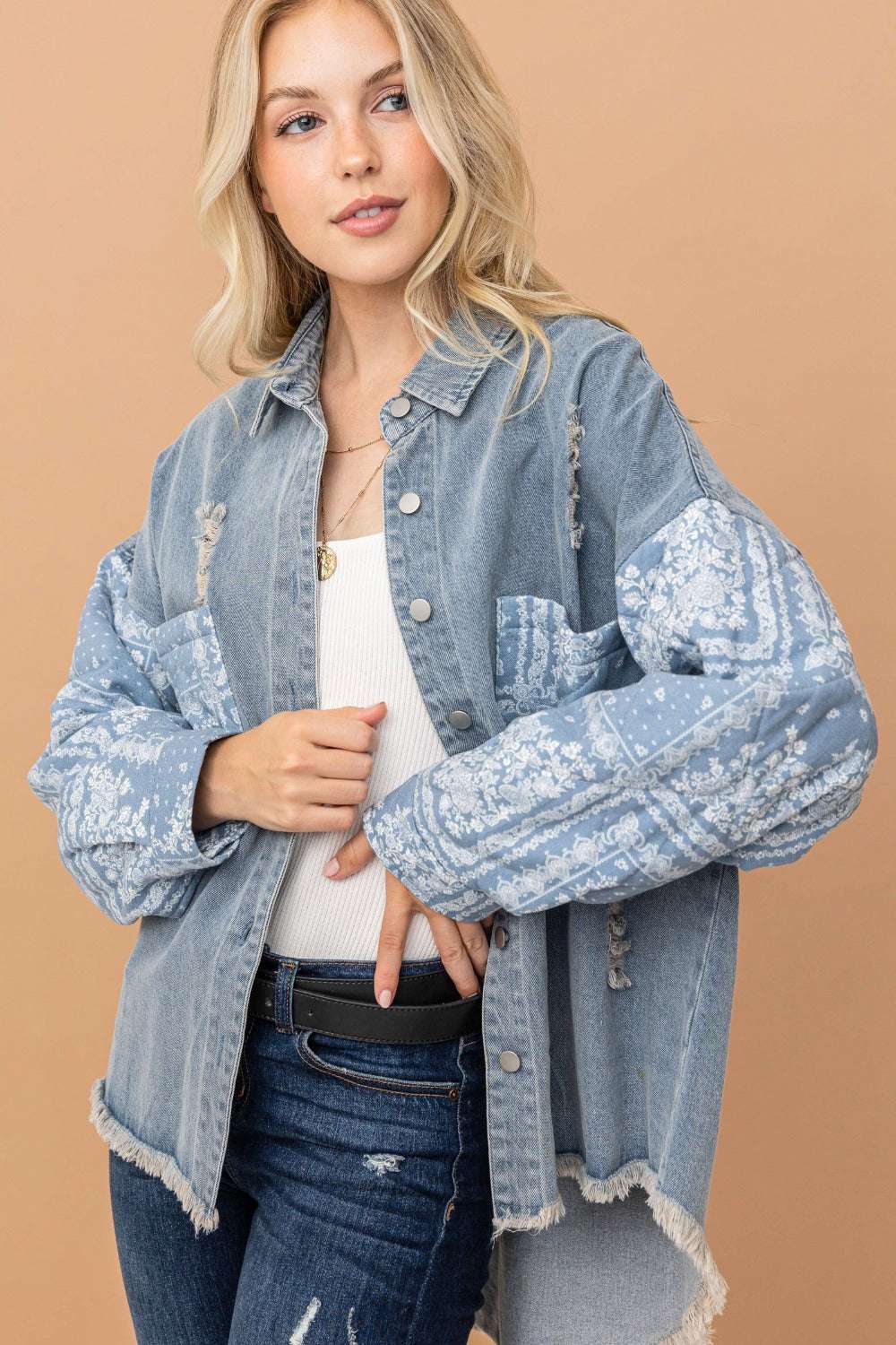 Paisley Print Quilted Denim JacketThe 100% cotton Paisley Print Quilted Denim Jacket is a unique blend of patterns and textures. The paisley print adds a touch of classic charm, while the quilted sleJacketsPaisley Print Quilted Denim Jacket