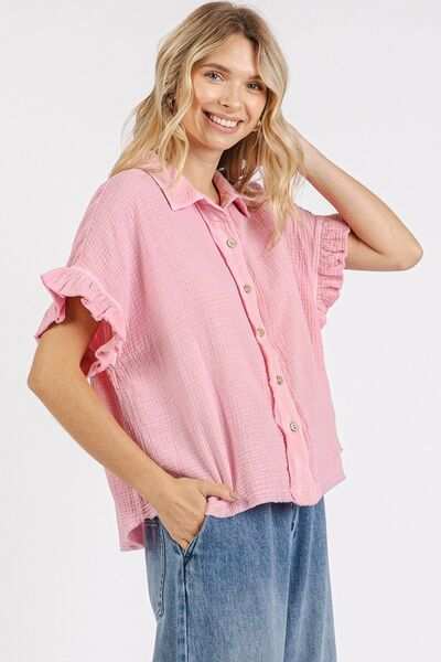 Mineral Washed Cotton Flounce Sleeve ShirtThe Mineral Washed Button Down Flounce Sleeve Shirt is a stylish and versatile piece that combines a unique mineral-washed fabric with feminine flounce sleeves. The Button-Up ShirtsMineral Washed Cotton