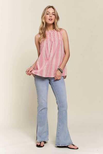 Striped Smocked Linen-Blend TopThe Striped Smocked Linen-Blend Top is a chic and feminine piece that combines classic stripes with trendy details. The contrast stripes add a stylish touch to the dSleeveless BlousesStriped Smocked Linen-Blend Top