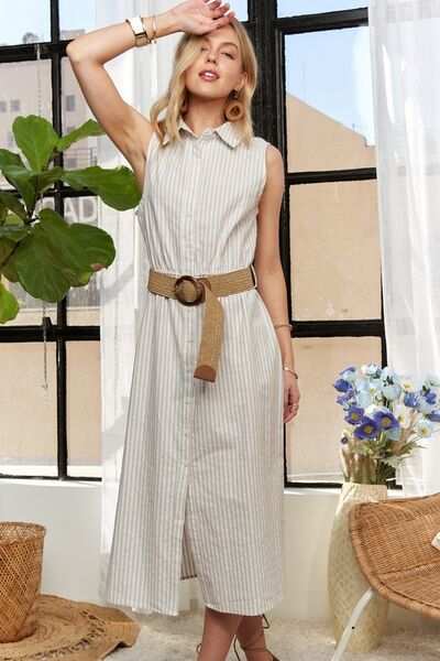 Linen Blend Sleeveless Midi Shirt DressThe Linen Blend Sleeveless Midi Shirt Dress is a classic and versatile choice for your wardrobe. With a timeless striped pattern, button-down front, and sleeveless dMidi DressesLinen Blend Sleeveless