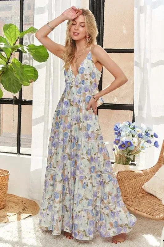 The Bluebell Bloom DressLight, romantic, and full of movement, The Bluebell Bloom Dress features a flowing tiered maxi silhouette with adjustable tie-back detailing. Soft floral prints in pMaxi DressesThe Bluebell Bloom Dress