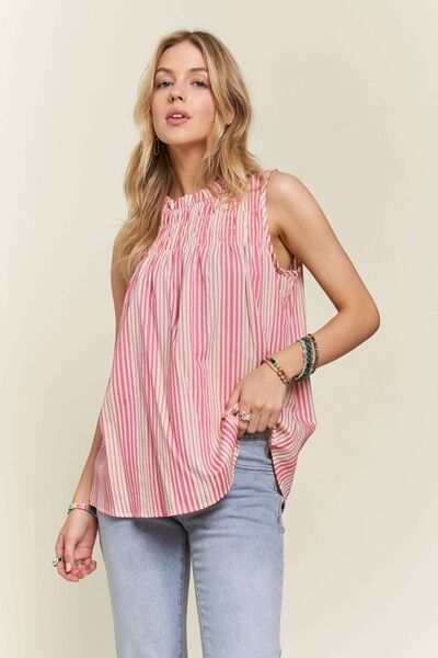 Striped Smocked Linen-Blend TopThe Striped Smocked Linen-Blend Top is a chic and feminine piece that combines classic stripes with trendy details. The contrast stripes add a stylish touch to the dSleeveless BlousesStriped Smocked Linen-Blend Top