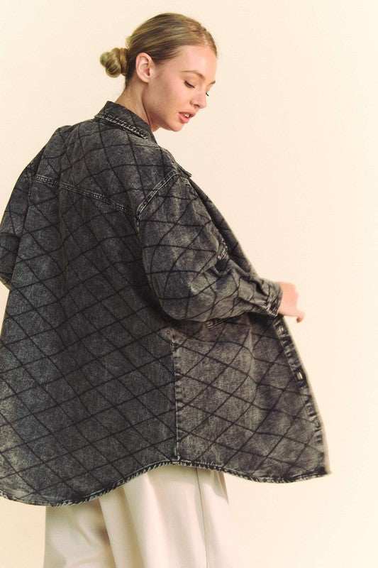 Gridlock Denim Shirt JacketThe 100% cotton Curved Hem Diamond Quilted Button Up Shacket combines the style of a shirt with the cozy comfort of a quilted jacket. The curved hem adds a modern twButton-Up ShirtsGridlock Denim Shirt