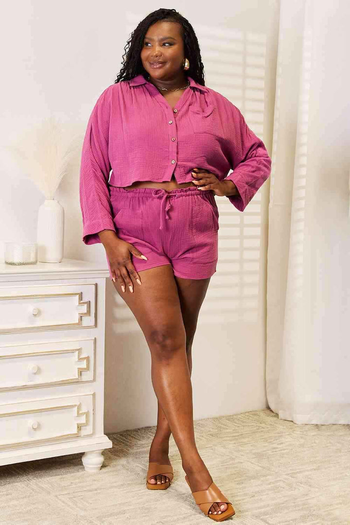 Buttoned Long Sleeve Top and Shorts SetComplete your summer wardrobe with this stylish buttoned long-sleeve top and shorts set. The top features a button front and long sleeves, while the shorts are craftTwo Piece SetsButtoned Long Sleeve Top