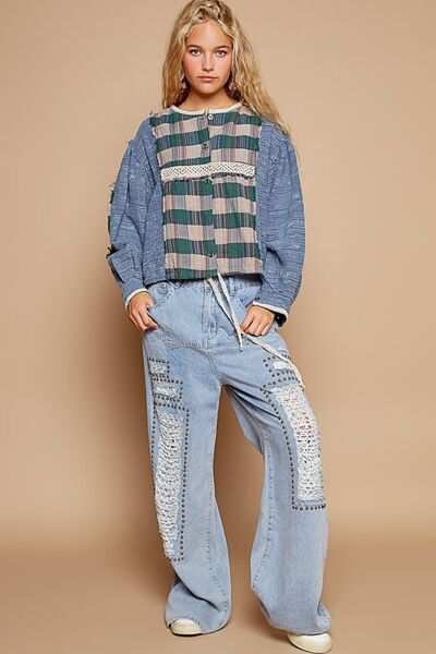 Patchwork Plaid Linen Blend ShirtThis round neck long sleeve, top made from cotton and linen, features a roomy fit, crafted from textured woven fabric for added interest. The plaid contrast adds a sButton-Up ShirtsPatchwork Plaid Linen