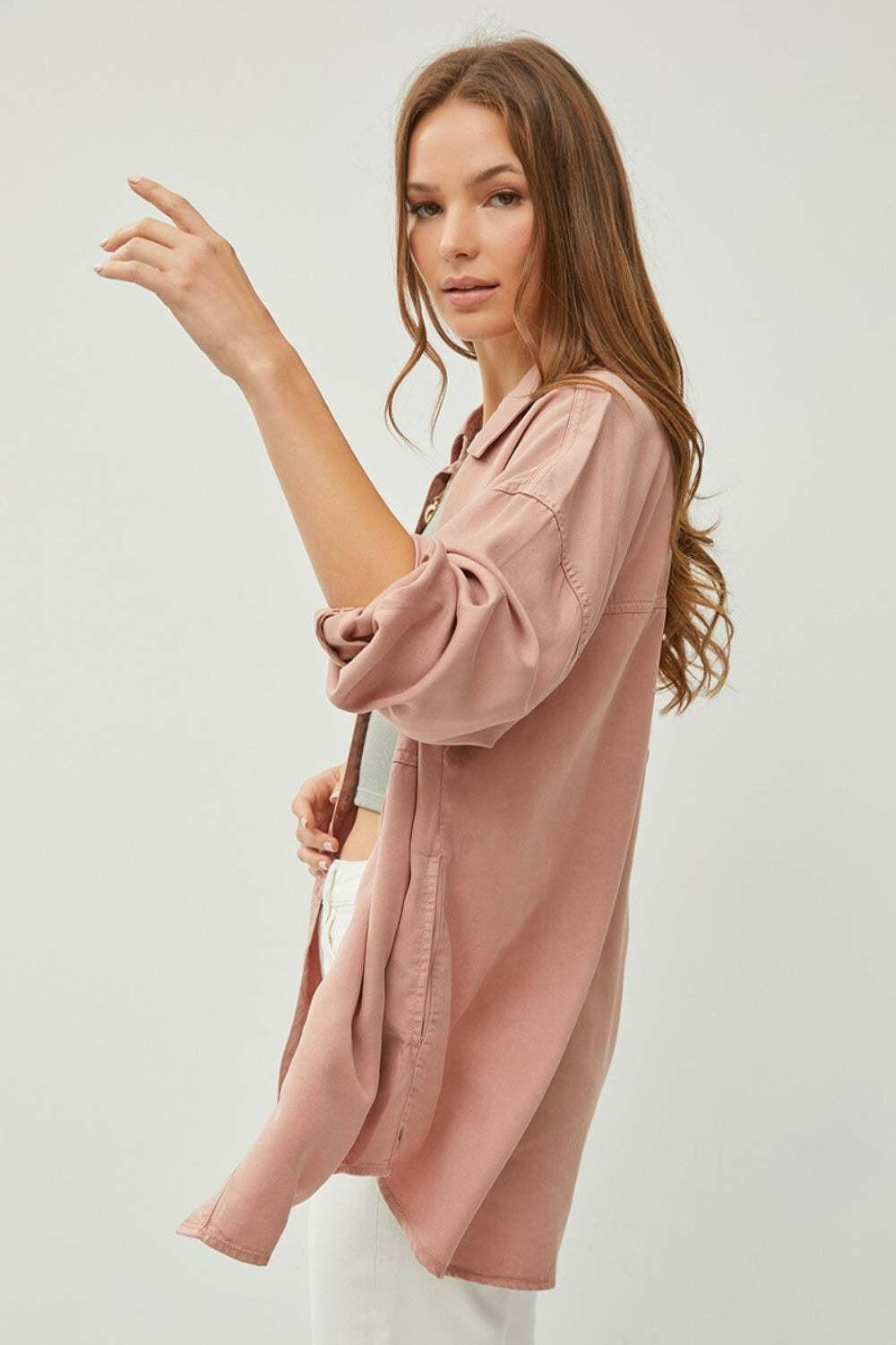 Long Sleeve Denim ShirtIntroducing RISEN's Full Size Button Up Long Sleeve Denim Shirt - the ultimate wardrobe essential! This timeless piece features a classic denim fabric for a casual yButton-Up ShirtsLong Sleeve Denim Shirt