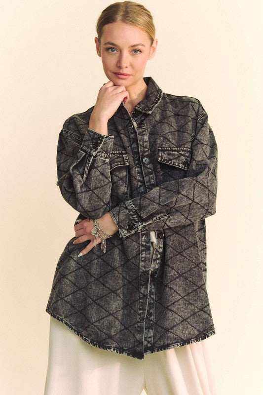 Gridlock Denim Shirt JacketThe 100% cotton Curved Hem Diamond Quilted Button Up Shacket combines the style of a shirt with the cozy comfort of a quilted jacket. The curved hem adds a modern twButton-Up ShirtsGridlock Denim Shirt