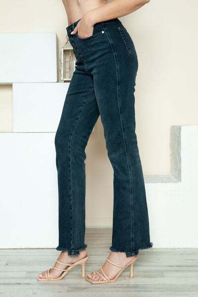 Judy Blue Button Fly Frayed Hem Straight JeansThe button fly hem destroys straight jeans and combines a classic silhouette with a modern flair. Featuring a stylish button fly closure, these jeans offer a unique Straight Leg JeansJudy Blue Button Fly