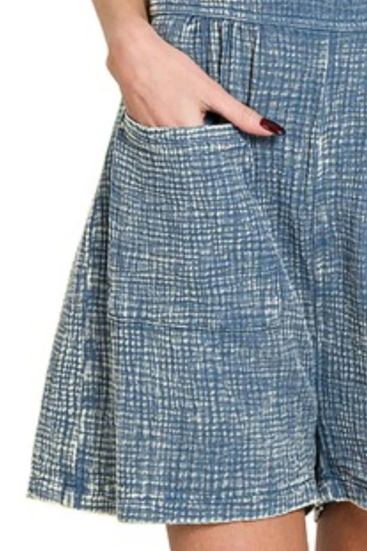 Woven Double Gauze Cotton Acid Washed RomperThe 100% Cotton Woven Double Gauze Acid Washed Romper features a unique and trendy acid-washed design. It is made from lightweight double gauze fabric for a soft andOverallsWoven Double Gauze
