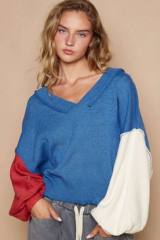 Color Block Lantern Sleeve SweaterThe 100% cotton Color Block Lantern Sleeve Sweater is a chic and cozy knitwear piece that combines trendy design elements. The exposed seam detailing adds a modern aSweatersColor Block Lantern Sleeve