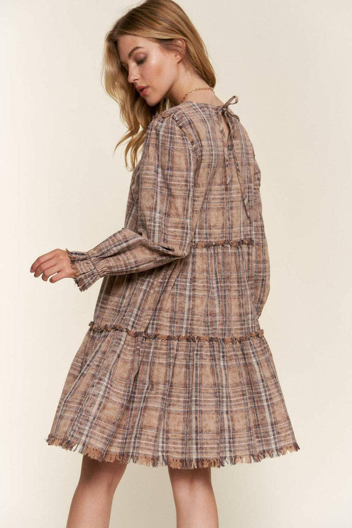 Tiered Plaid DressThe Tiered Plaid Dress is a charming and stylish addition to your wardrobe. With its unique tiered design and frayed detailing, this dress exudes a trendy and bohemiMini DressesTiered Plaid Dress