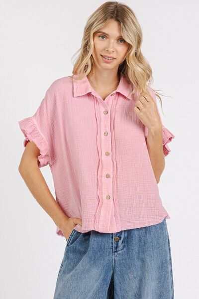 Mineral Washed Cotton Flounce Sleeve ShirtThe Mineral Washed Button Down Flounce Sleeve Shirt is a stylish and versatile piece that combines a unique mineral-washed fabric with feminine flounce sleeves. The Button-Up ShirtsMineral Washed Cotton