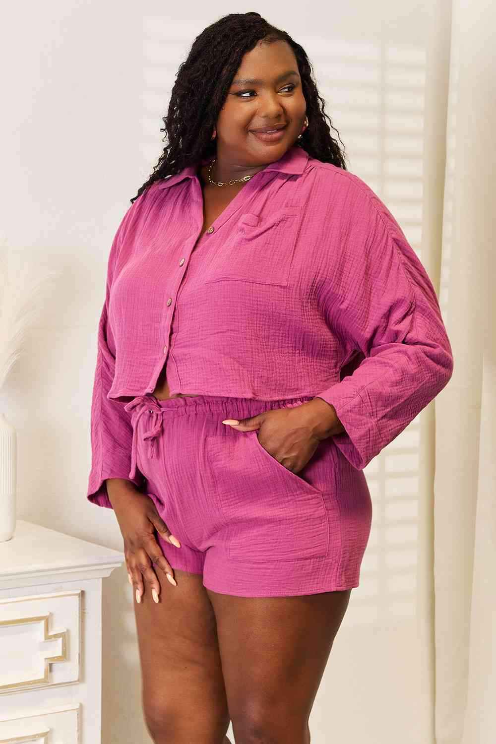 Buttoned Long Sleeve Top and Shorts SetComplete your summer wardrobe with this stylish buttoned long-sleeve top and shorts set. The top features a button front and long sleeves, while the shorts are craftTwo Piece SetsButtoned Long Sleeve Top