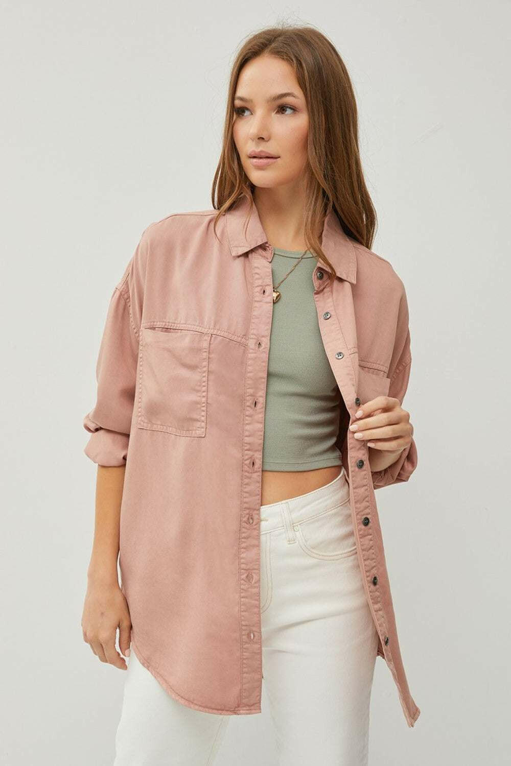 Long Sleeve Denim ShirtIntroducing RISEN's Full Size Button Up Long Sleeve Denim Shirt - the ultimate wardrobe essential! This timeless piece features a classic denim fabric for a casual yButton-Up ShirtsLong Sleeve Denim Shirt