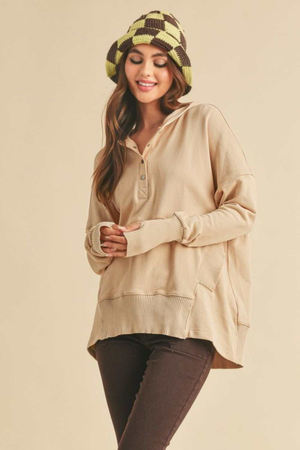 Cotton Half Snap Dropped Shoulder HoodieThe Half Snap Dropped Shoulder Hoodie is a personalized hoodie with a half-snap cardigan and droopy shoulders for a relaxed and comfortable fashion style. This hoodiHoodiesCotton Half Snap