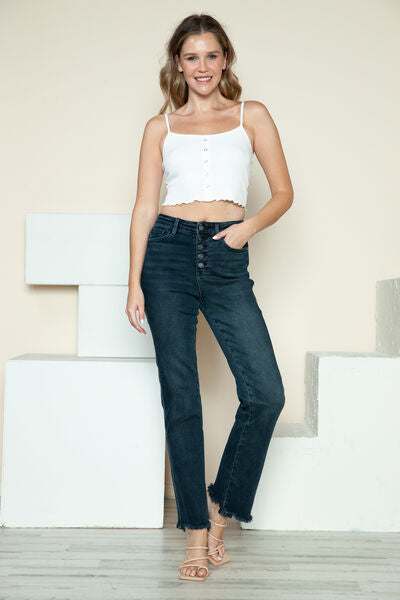 Judy Blue Button Fly Frayed Hem Straight JeansThe button fly hem destroys straight jeans and combines a classic silhouette with a modern flair. Featuring a stylish button fly closure, these jeans offer a unique Straight Leg JeansJudy Blue Button Fly