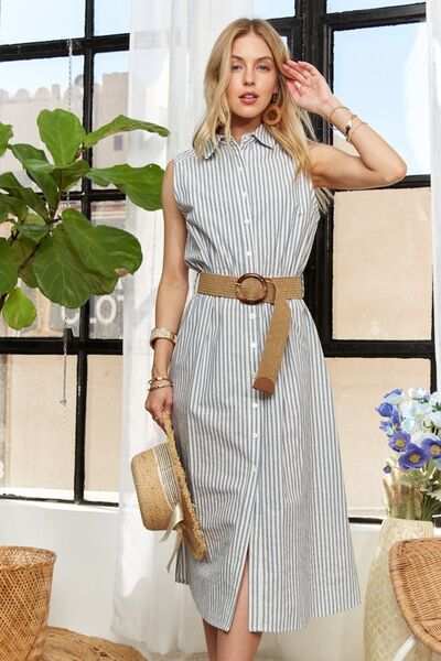 Linen Blend Sleeveless Midi Shirt DressThe Linen Blend Sleeveless Midi Shirt Dress is a classic and versatile choice for your wardrobe. With a timeless striped pattern, button-down front, and sleeveless dMidi DressesLinen Blend Sleeveless