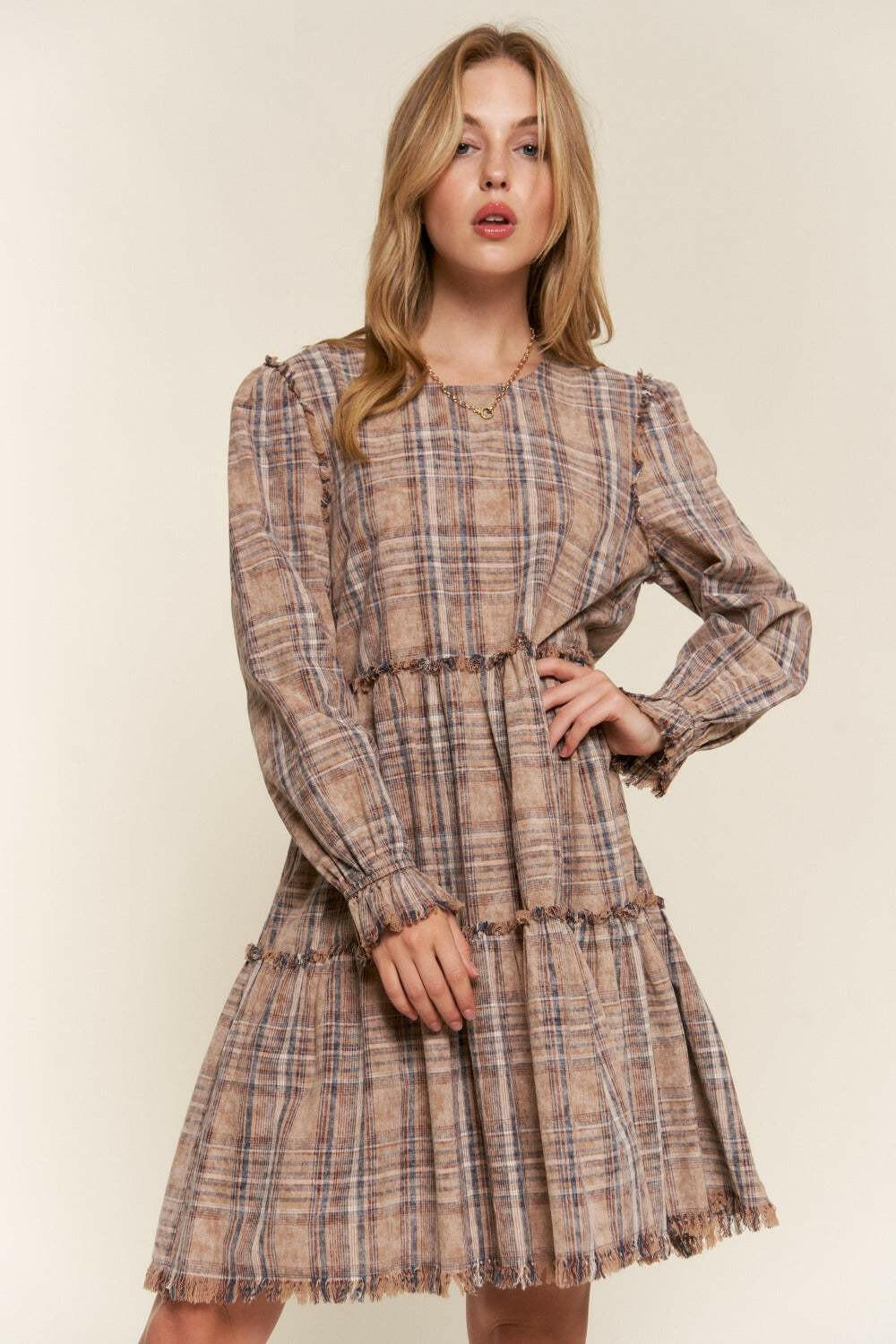 Tiered Plaid DressThe Tiered Plaid Dress is a charming and stylish addition to your wardrobe. With its unique tiered design and frayed detailing, this dress exudes a trendy and bohemiMini DressesTiered Plaid Dress