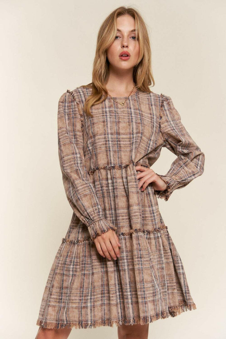 Tiered Plaid DressThe Tiered Plaid Dress is a charming and stylish addition to your wardrobe. With its unique tiered design and frayed detailing, this dress exudes a trendy and bohemiMini DressesTiered Plaid Dress