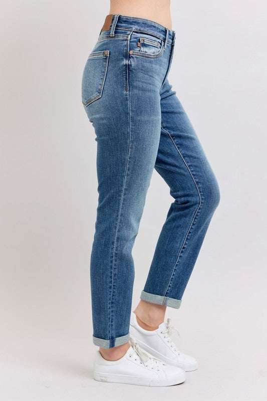 Judy Blue Mid Rise Skinny Cuff JeansMid rise skinny cuff jeans with pockets are a versatile and stylish option that combines the classic skinny jean fit with a modern twist of cuffed hems and functionaStraight Leg JeansJudy Blue Mid Rise