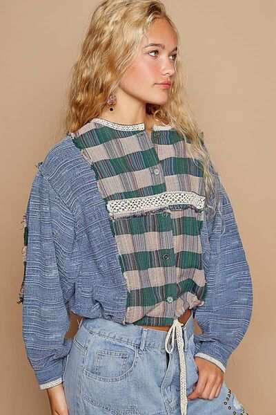 Patchwork Plaid Linen Blend ShirtThis round neck long sleeve, top made from cotton and linen, features a roomy fit, crafted from textured woven fabric for added interest. The plaid contrast adds a sButton-Up ShirtsPatchwork Plaid Linen