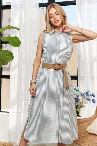 Linen Blend Sleeveless Midi Shirt DressThe Linen Blend Sleeveless Midi Shirt Dress is a classic and versatile choice for your wardrobe. With a timeless striped pattern, button-down front, and sleeveless dMidi DressesLinen Blend Sleeveless