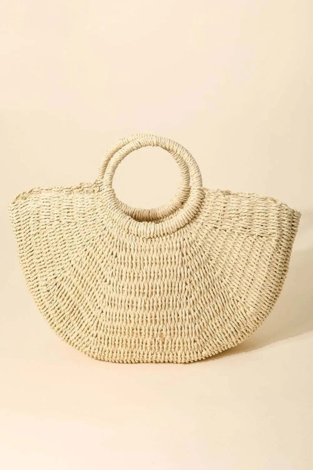Fame Half Moon Straw Tote BagThe Half Moon Straw Tote Bag is a charming and practical accessory crafted from durable straw material. Its unique half-moon shape adds a modern and trendy touch to Tote BagsHalf Moon Straw Tote Bag