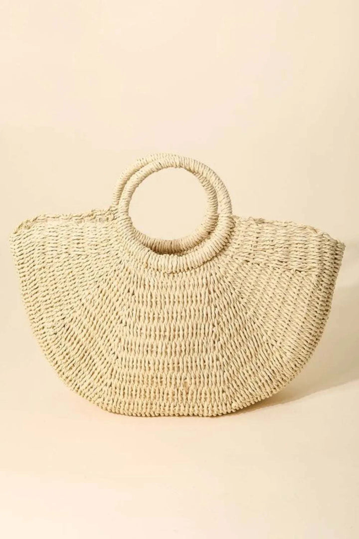 Fame Half Moon Straw Tote BagThe Half Moon Straw Tote Bag is a charming and practical accessory crafted from durable straw material. Its unique half-moon shape adds a modern and trendy touch to Tote BagsHalf Moon Straw Tote Bag