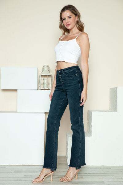 Judy Blue Button Fly Frayed Hem Straight JeansThe button fly hem destroys straight jeans and combines a classic silhouette with a modern flair. Featuring a stylish button fly closure, these jeans offer a unique Straight Leg JeansJudy Blue Button Fly