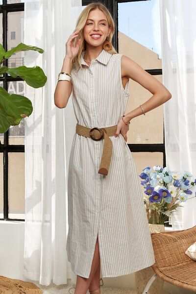 Linen Blend Sleeveless Midi Shirt DressThe Linen Blend Sleeveless Midi Shirt Dress is a classic and versatile choice for your wardrobe. With a timeless striped pattern, button-down front, and sleeveless dMidi DressesLinen Blend Sleeveless