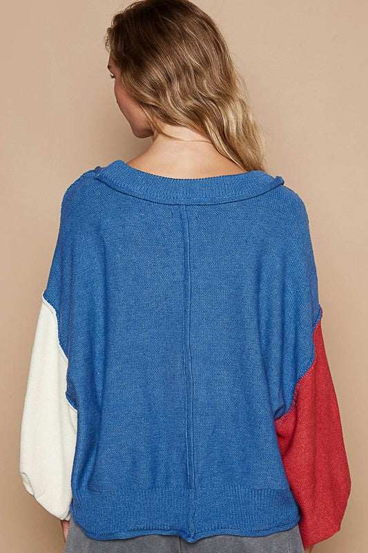 Color Block Lantern Sleeve SweaterThe 100% cotton Color Block Lantern Sleeve Sweater is a chic and cozy knitwear piece that combines trendy design elements. The exposed seam detailing adds a modern aSweatersColor Block Lantern Sleeve
