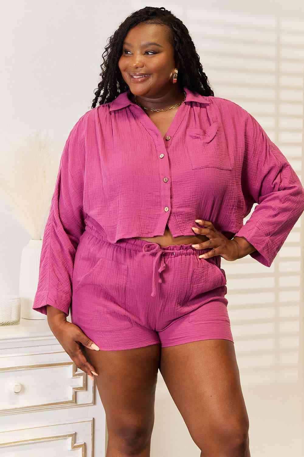 Buttoned Long Sleeve Top and Shorts SetComplete your summer wardrobe with this stylish buttoned long-sleeve top and shorts set. The top features a button front and long sleeves, while the shorts are craftTwo Piece SetsButtoned Long Sleeve Top