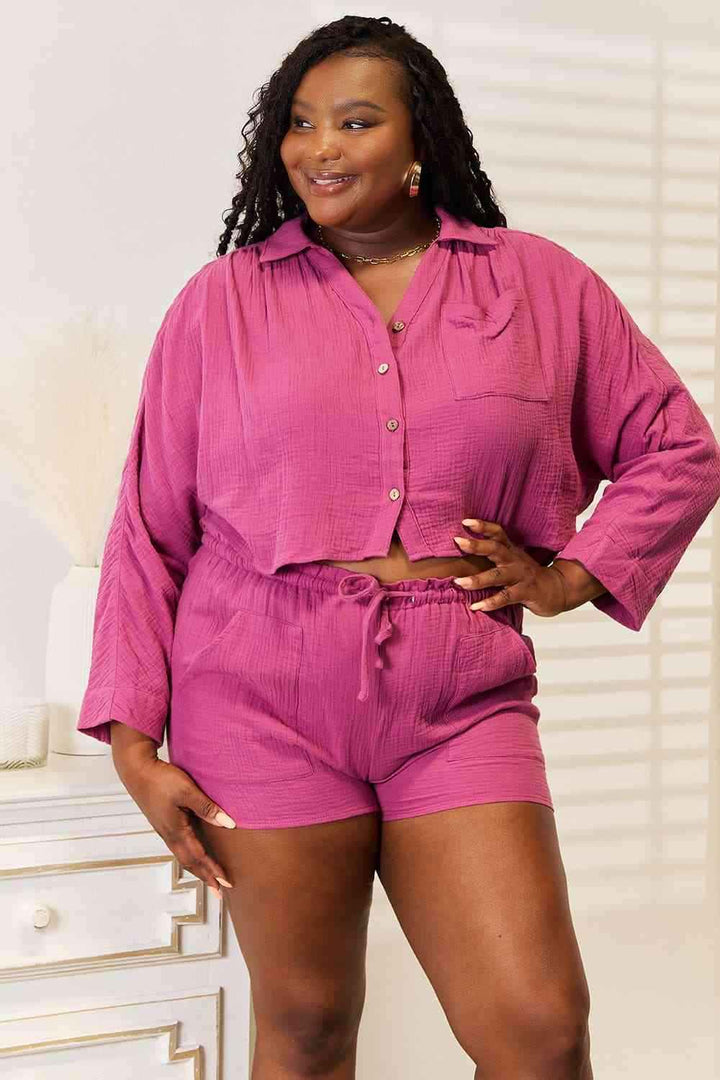 Buttoned Long Sleeve Top and Shorts SetComplete your summer wardrobe with this stylish buttoned long-sleeve top and shorts set. The top features a button front and long sleeves, while the shorts are craftTwo Piece SetsButtoned Long Sleeve Top
