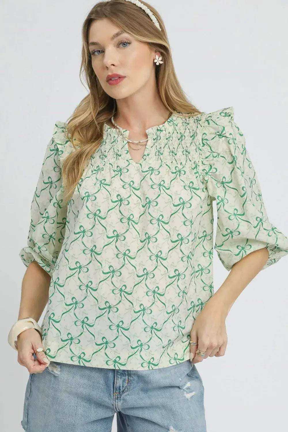 Ruffled Bow Print Blouse