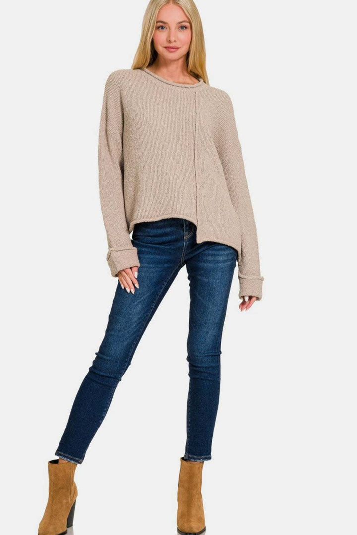 Asymmetric Hem Drop Shoulder SweaterThe Asymmetric Hem Drop Shoulder Sweater is a trendy and modern piece that offers a unique silhouette. With its drop shoulder design, this sweater exudes a relaxed aSweatersAsymmetric Hem Drop Shoulder Sweater