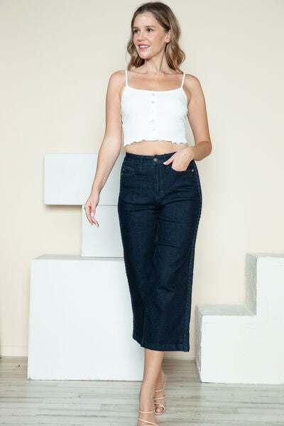 Judy Blue Side Seam Braid Detail Crop Wide Leg JeansThe High Rise side seam braid detail crop wide leg jeans offer a contemporary twist on classic denim. Featuring a unique braided detail along the side seams, these jCropped JeansJudy Blue Side Seam