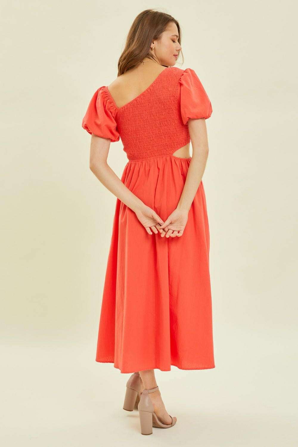Cherry Red Smocked Midi DressAdd a playful and fashionable touch to your wardrobe with the Smocked Cutout Midi Dress. Featuring a smocked bodice and trendy cutouts, this dress is perfect for anyMidi DressesCherry Red Smocked Midi Dress