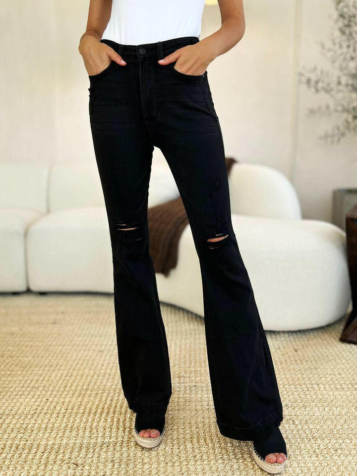Judy Blue High Waist Distressed Flare JeansAdd a touch of retro to your look with the trendy Judy Blue High Waist Distressed Flare Jeans. The high waist design flatters your silhouette, while the distressed dFlare JeansJudy Blue High Waist