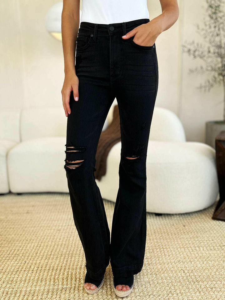 Judy Blue High Waist Distressed Flare JeansAdd a touch of retro to your look with the trendy Judy Blue High Waist Distressed Flare Jeans. The high waist design flatters your silhouette, while the distressed dFlare JeansJudy Blue High Waist